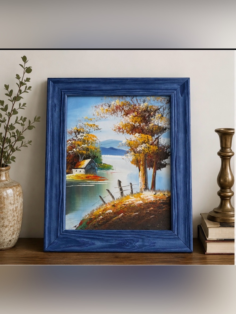 Vintage Blue Framed‎ Autumn Lakeside Painting